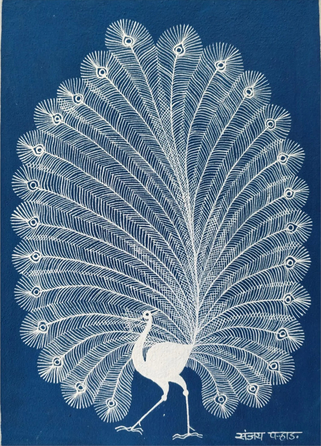 Peacock - Symbol of Beauty and Grace in Warli Painting by Sanjay Parhad - 100% Authentic Heritage Art by Avyaan
