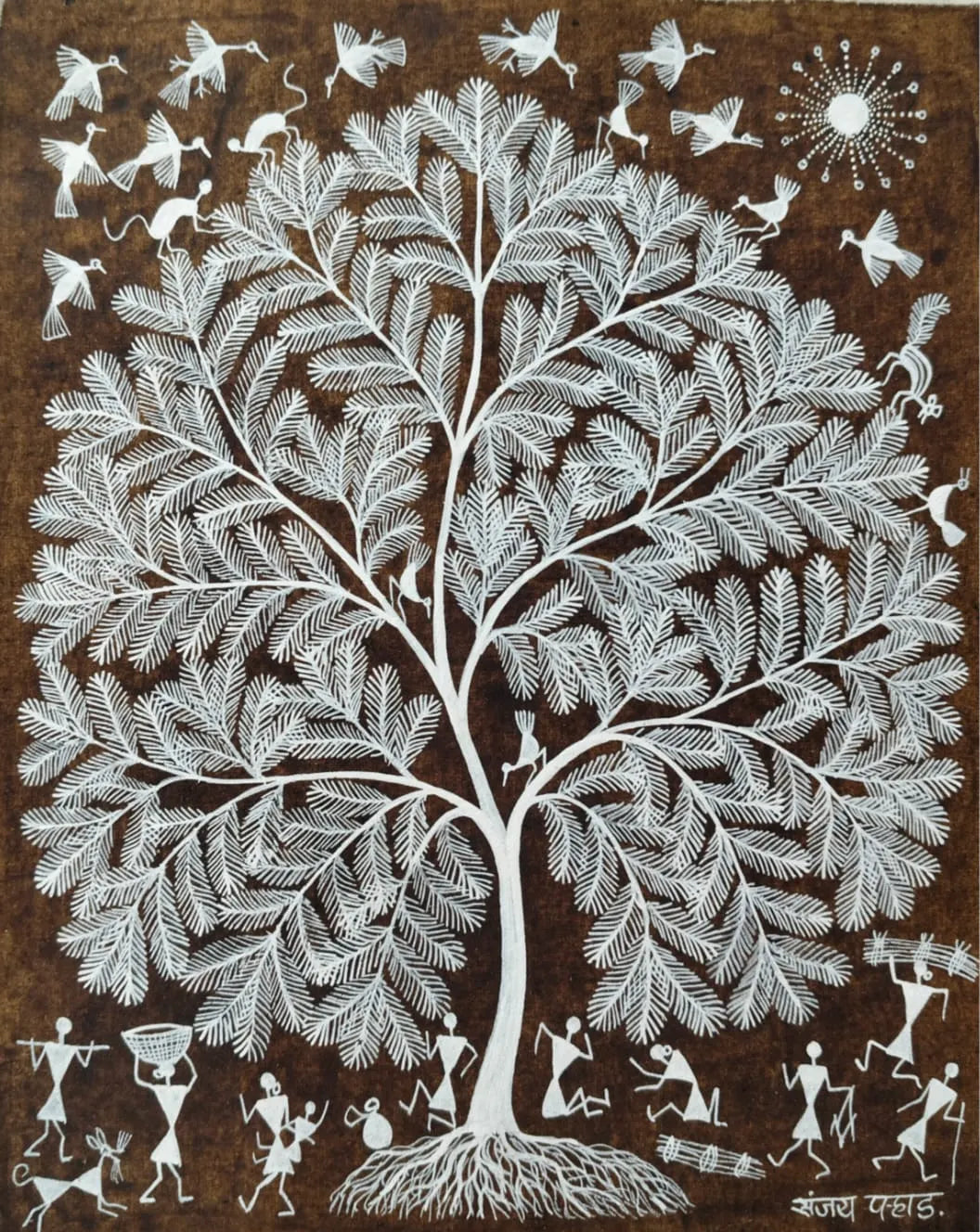 Tree of Life - Village Harmony in Warli Painting by Sanjay Parhad - 100% Authentic Heritage Art by Avyaan