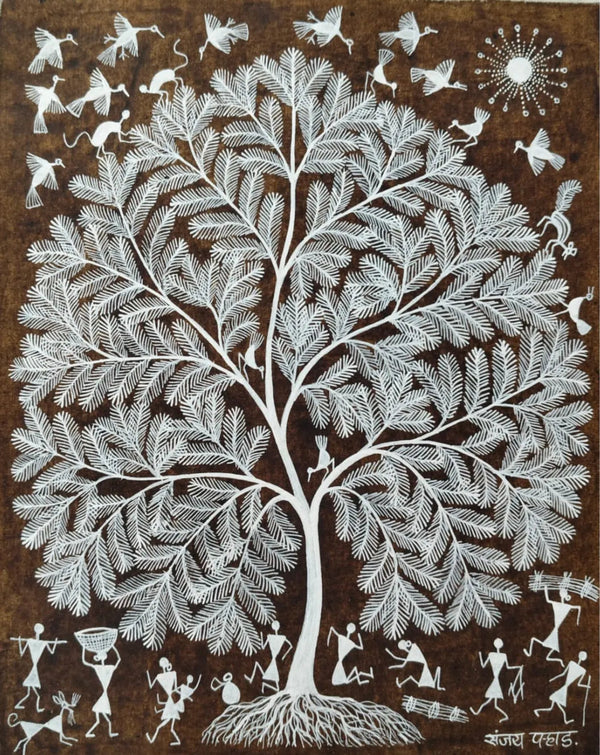 Tree of Life - Village Harmony in Warli Painting by Sanjay Parhad