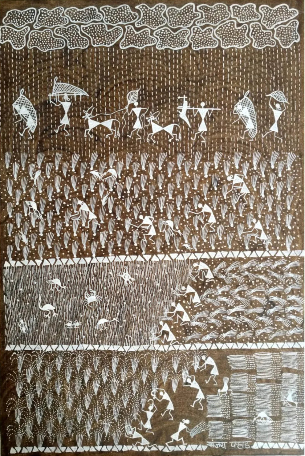 Monsoon Harvest - Rhythm of Farming Life in Warli Painting by Sanjay Parhad - 100% Authentic Heritage Art by Avyaan