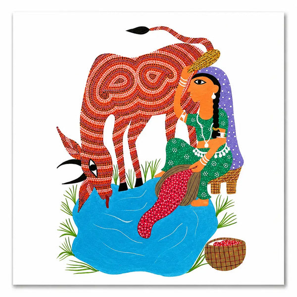 Woman and Deer by the Pond in Bhil Art Painting by Sunita Parmar