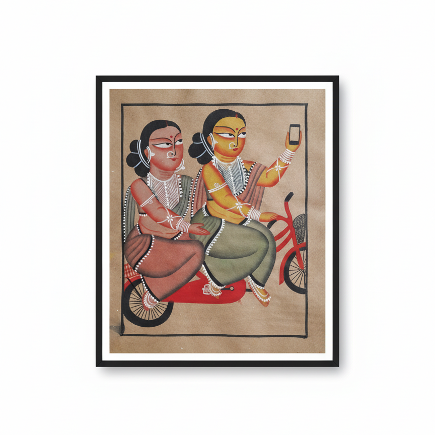 Framed artwork of two people on a motorcycle with a smartphone, on a beige background. Pattachitra 