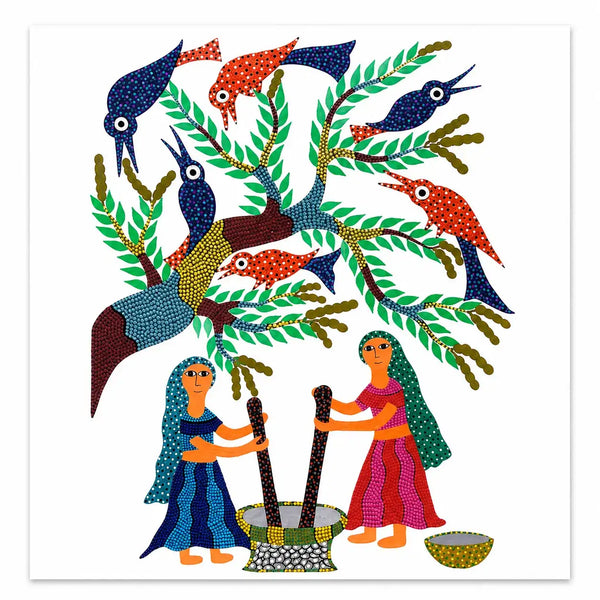Women at the Mortar in Bhil Art Painting by Sunita Parmar