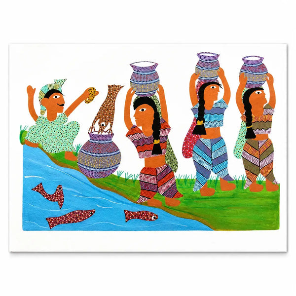 Women at the River in Bhil Art Painting by Sunita Parmar