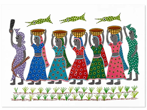 Women of the Harvest Field in Bhil Art Painting by Sunita Parmar