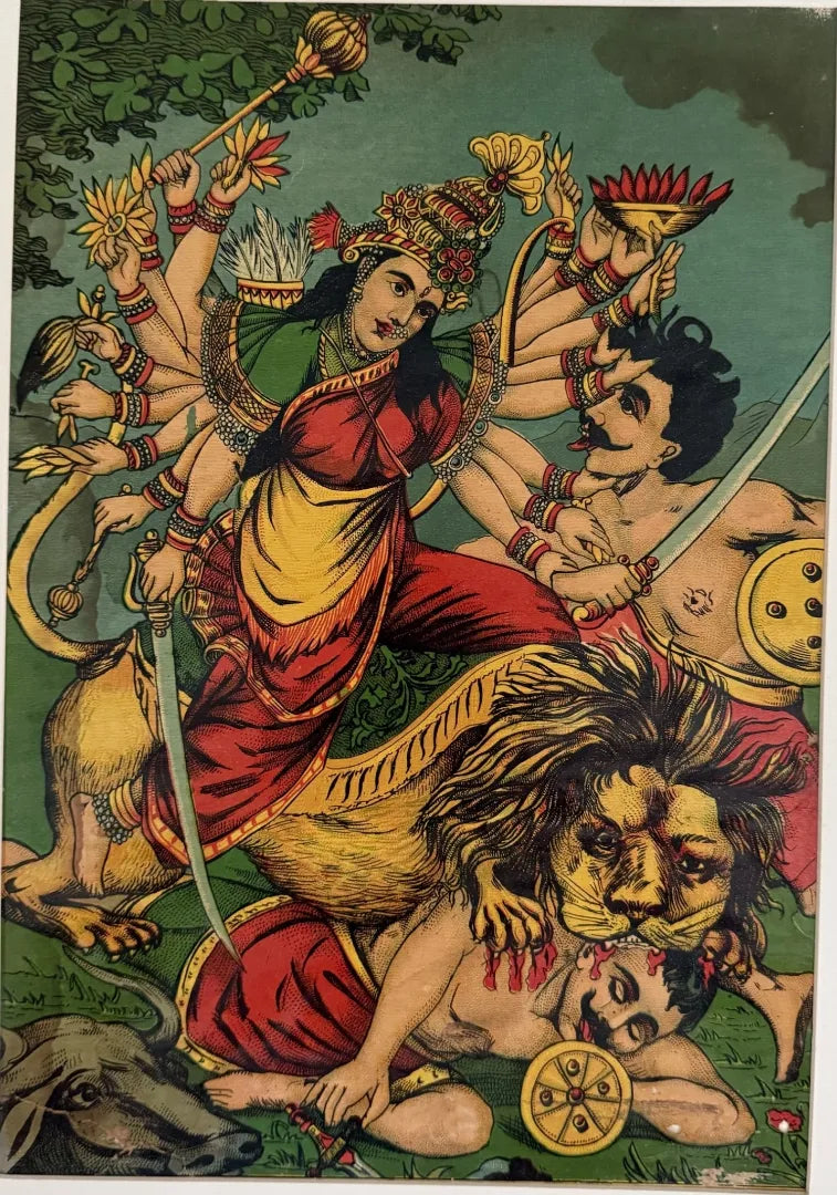 Colorful depiction of a deity with multiple arms and a lion, on a green background Raja Ravi Varma Oleograph 