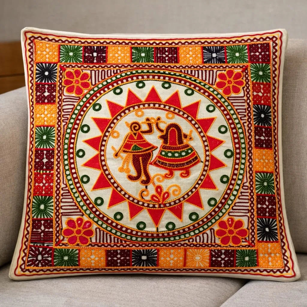 Folk Dancers Hand-Embroidered Cotton Cushion Cover Set of 5