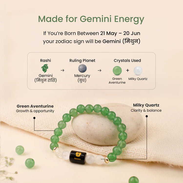 Gemini (मिथुन राशि) Zodiac Green Aventurine & Milky Quartz Bracelet