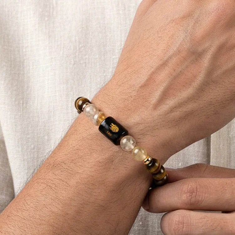 Tiger eye and clear quartz beaded bracelet with Om symbol, handcrafted Indian artisan jewelry