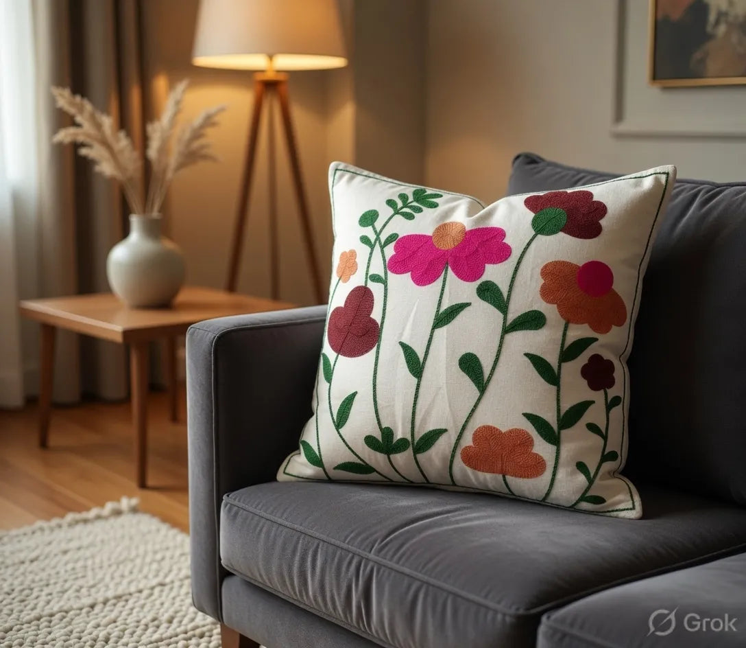 Vibrant Meadow Hand-Embroidered Cushion Cover Set of 5