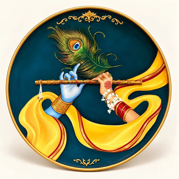 Krishna Flute & Peacock Feather in Pichwai Plate by Diwakar Sharma