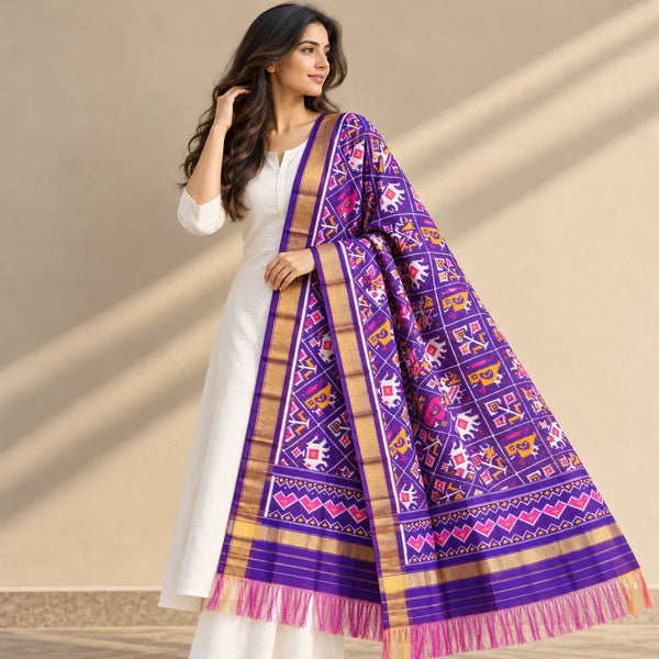 Handwoven Paisley & Floral Single Ikat Patola Dupatta