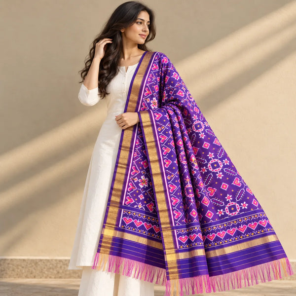 Floral Geometric Single Ikat Patola Silk Dupatta