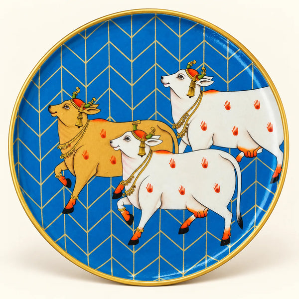 Trinity of Sacred Cows in Pichwai Plate by Diwakar Sharma