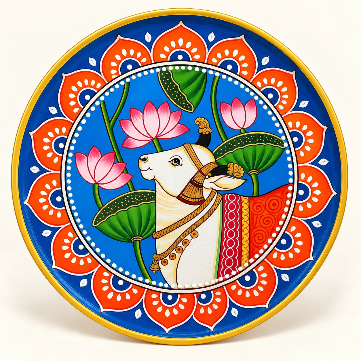 Lotus Cow Mandala in Pichwai Plate by Diwakar Sharma