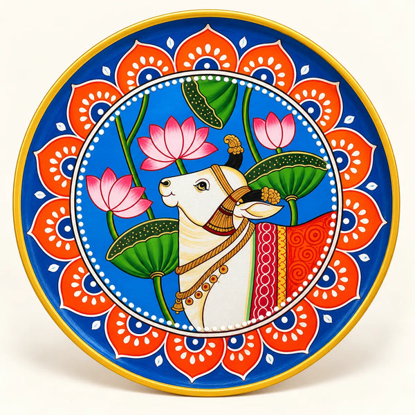 Lotus Cow Mandala in Pichwai Plate by Diwakar Sharma