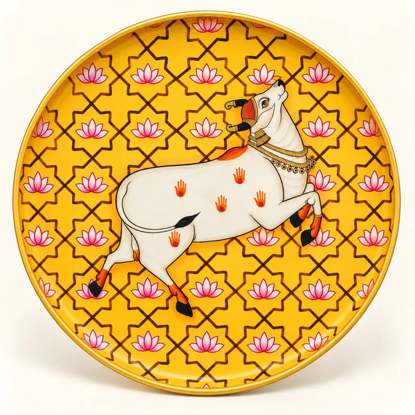 Lotus Garden Sacred Cow in Pichwai Plate by Diwakar Sharma