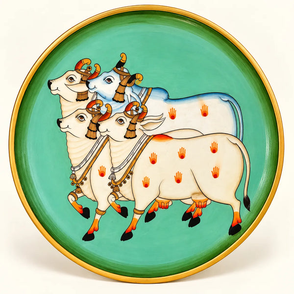 Sacred Cow Gathering in Pichwai Plate by Diwakar Sharma