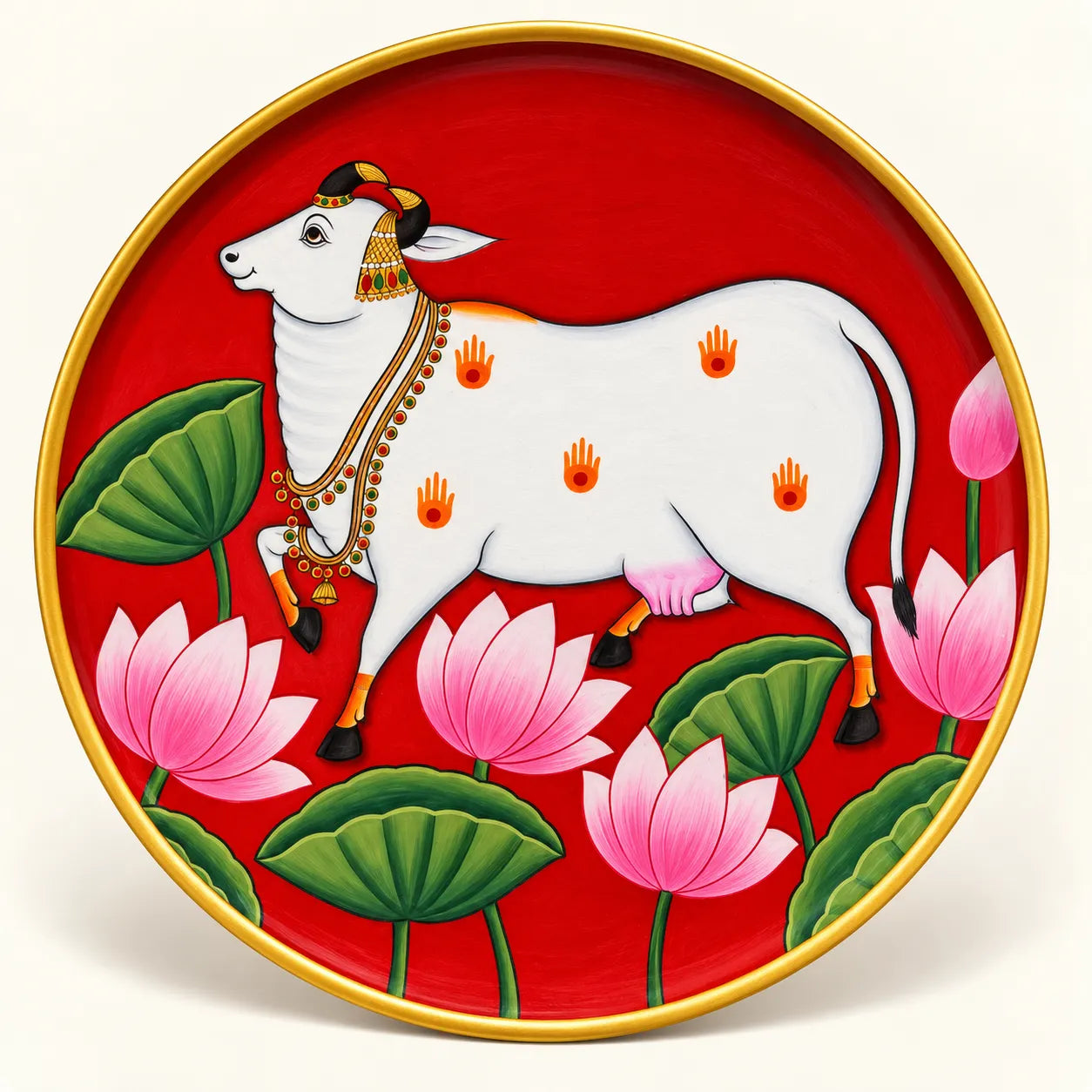 Kmadhenu & Lotus 2 in Pichwai Plate by Diwakar Sharma