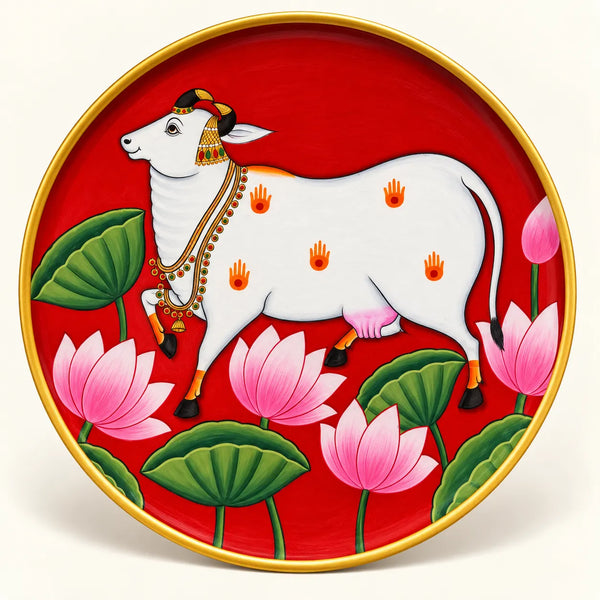 Kmadhenu & Lotus 2 in Pichwai Plate by Diwakar Sharma