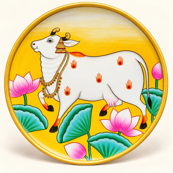 Kamdhenu & Lotus in Pichwai Plate (Yellow) by Diwakar Sharma