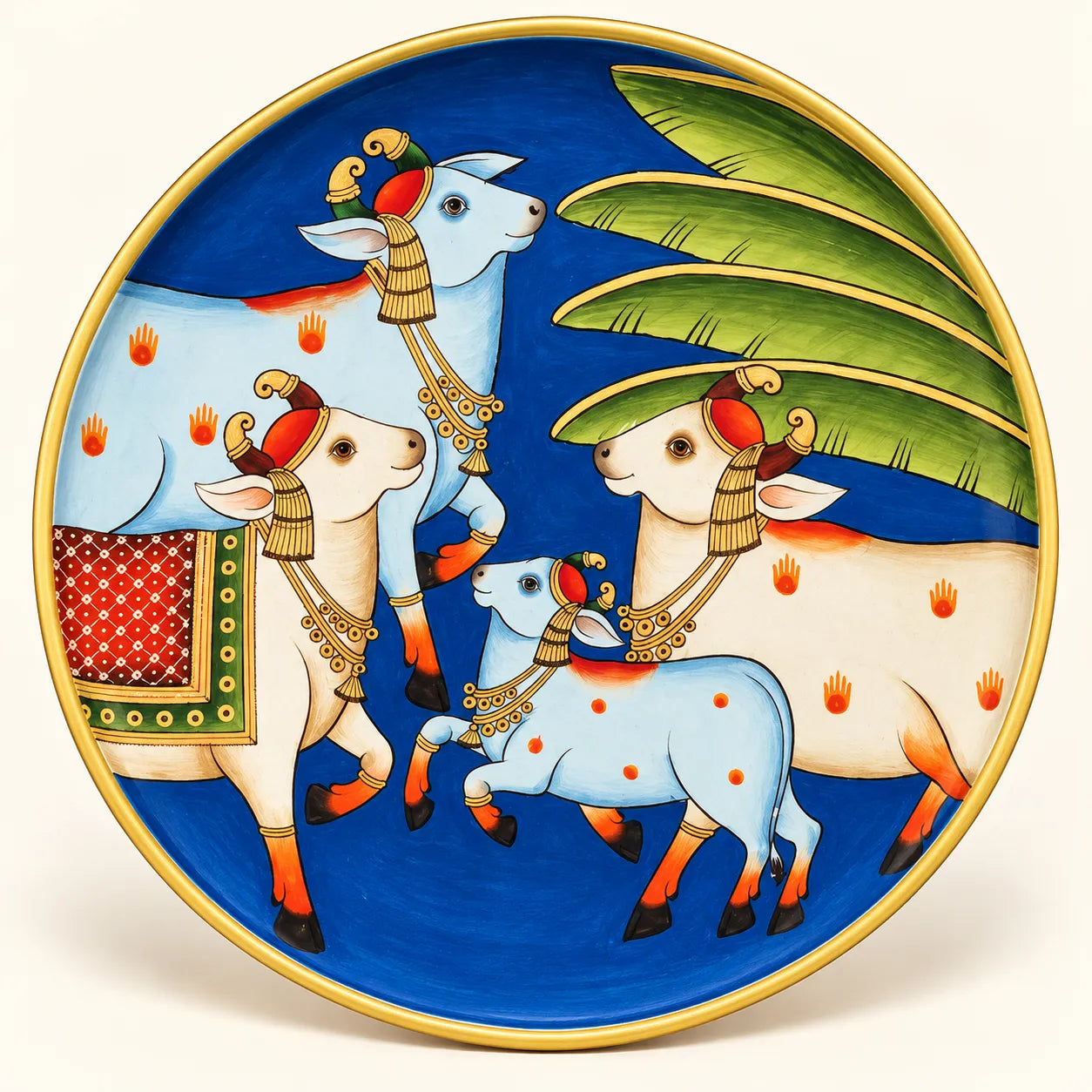 Sacred Cow Family in Pichwai Plate by Diwakar Sharma