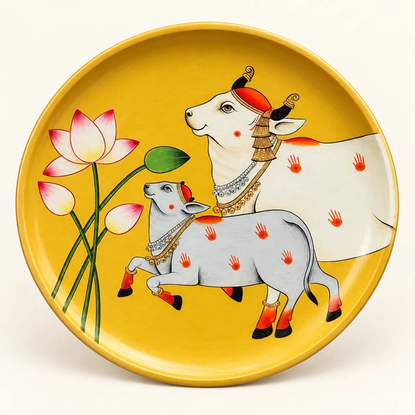 Sacred Cow & Calf Lotus in Pichwai Plate (Yellow) by Diwakar Sharma