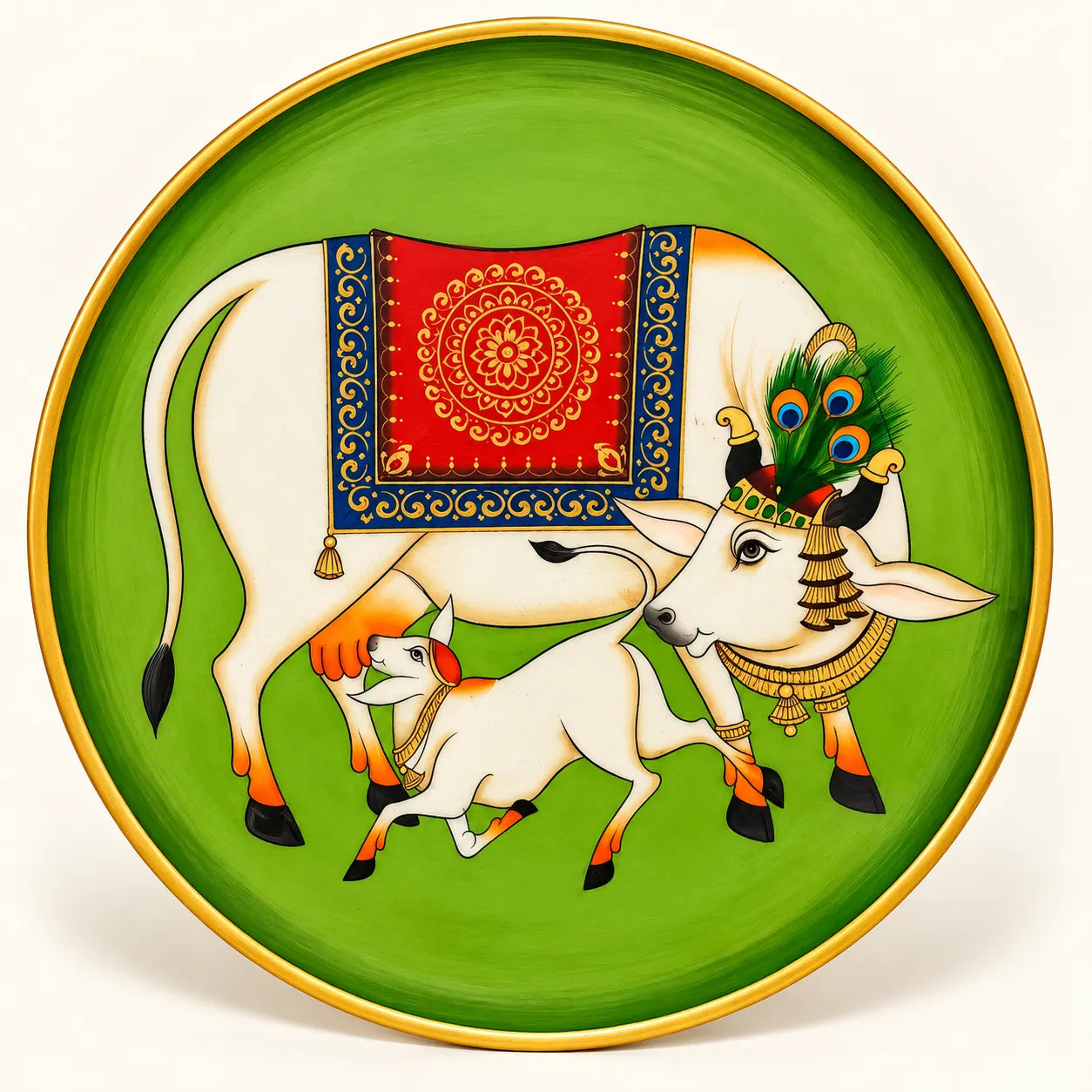 Sacred Cow & Calf in Pichwai Plate by Diwakar Sharma