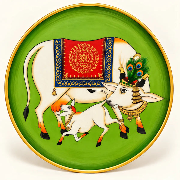 Sacred Cow & Calf in Pichwai Plate by Diwakar Sharma