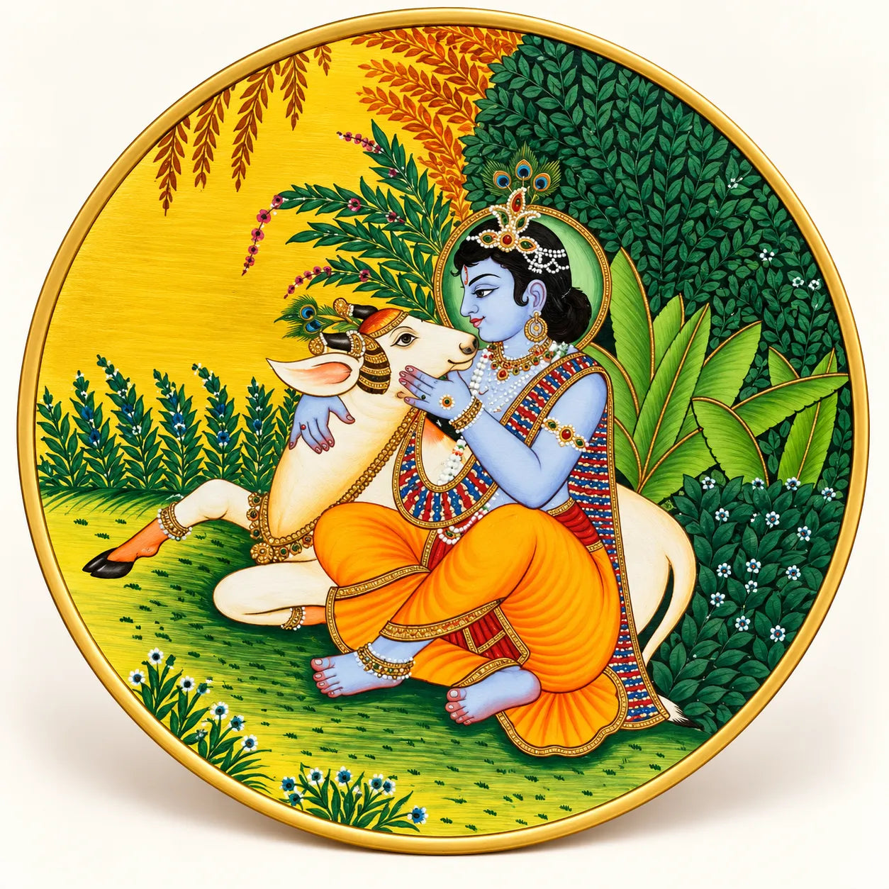 Krishna & Sacred Cow in Pichwai Plate by Diwakar Sharma