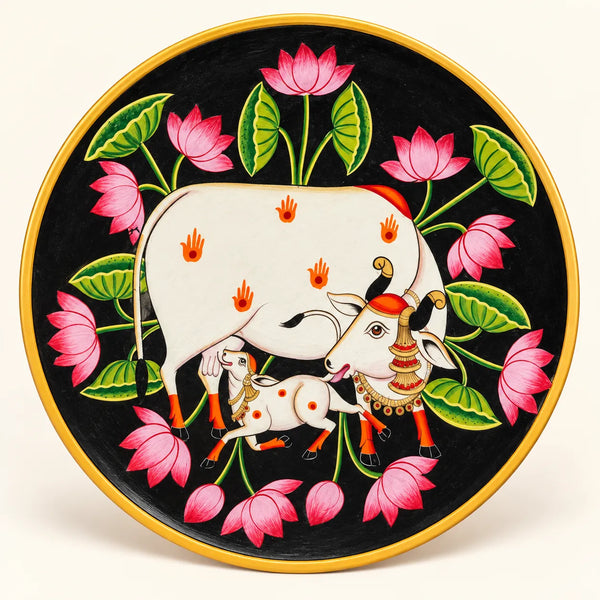 Sacred Cow & Calf Lotus in Pichwai Plate by Diwakar Sharma
