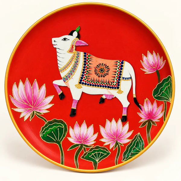 Lotus & Sacred Cow in Pichwai Plate by Diwakar Sharma
