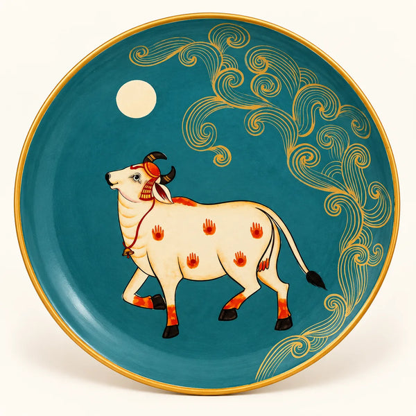 Moonlit Sacred Cow in Pichwai Plate by Diwakar Sharma