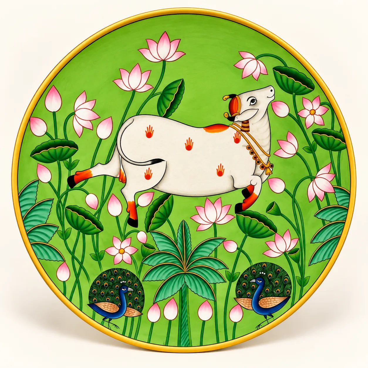Sacred Cow & Peacock Garden in Pichwai Plate by Diwakar Sharma