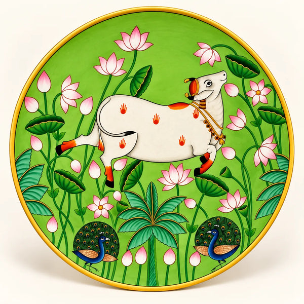 Sacred Cow & Peacock Garden in Pichwai Plate by Diwakar Sharma