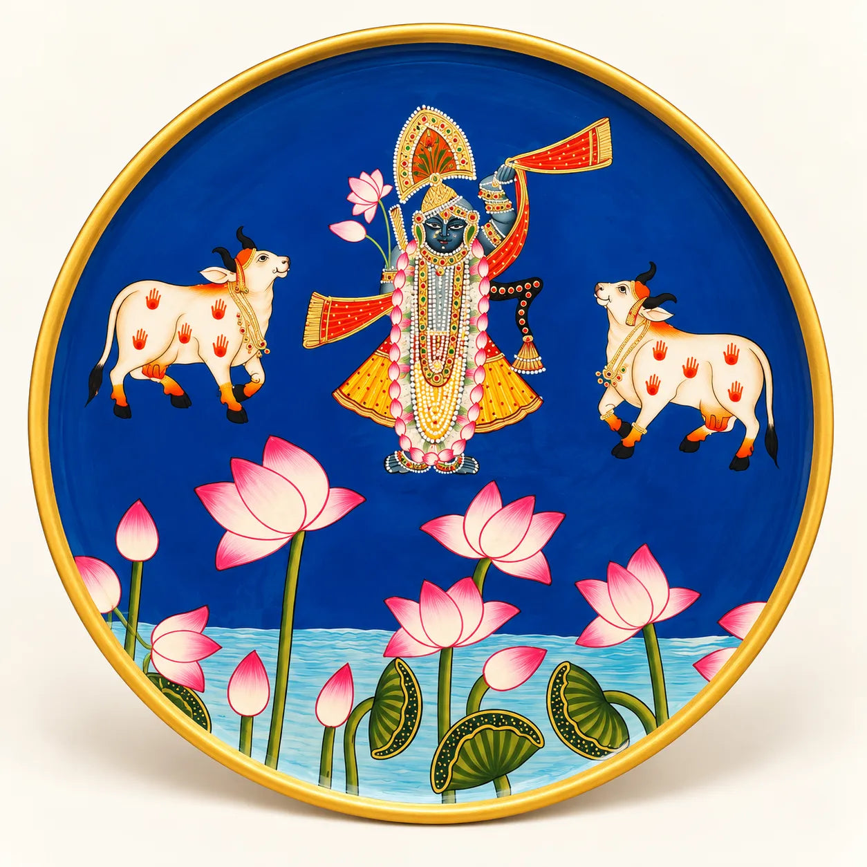 Shri Nathji with Sacred Cows in Pichwai Plate by Diwakar Sharma