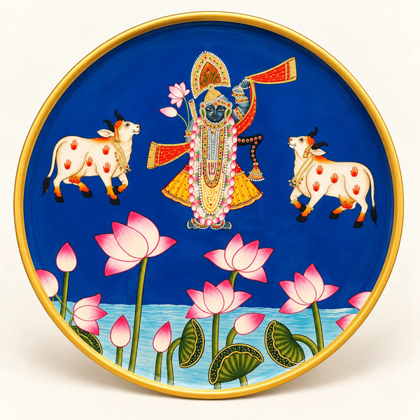 Shri Nathji with Sacred Cows in Pichwai Plate by Diwakar Sharma
