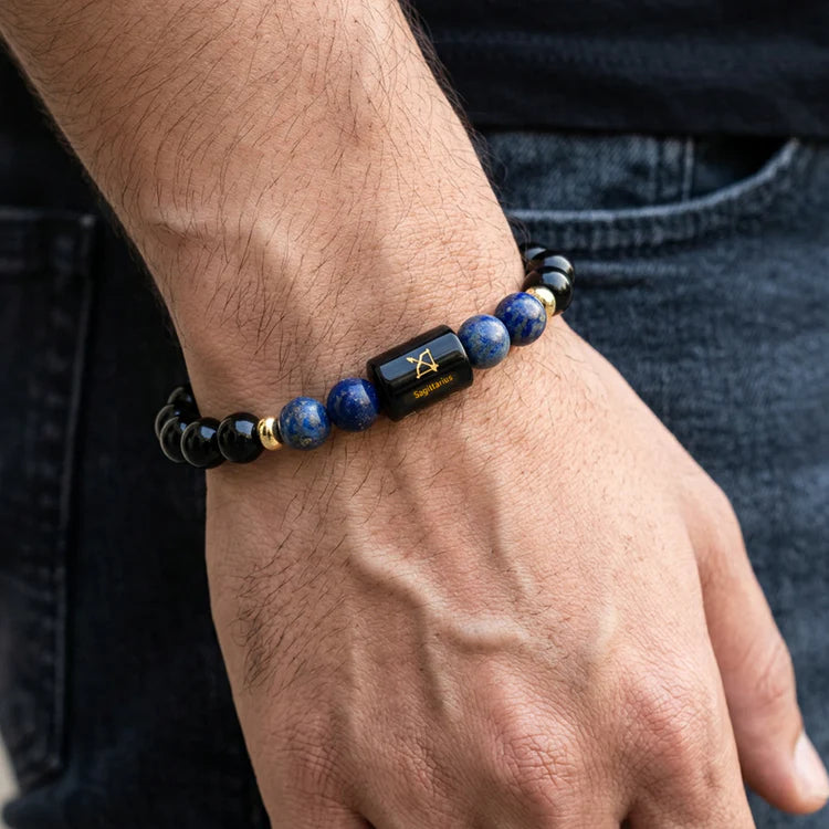 Sagittarius (धनु राशि) Zodiac Black Obsidian & Lapis Lazuli Bracelet