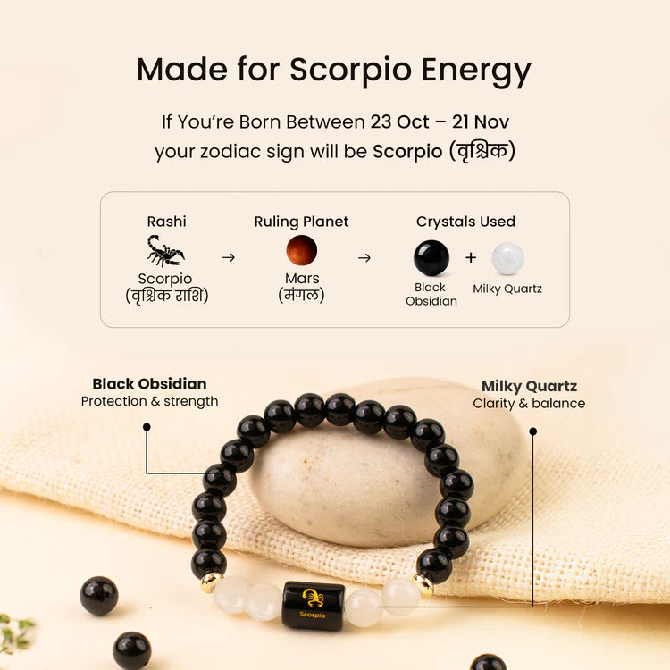 Scorpio (वृश्चिक राशि) Zodiac Black Obsidian & Milky Quartz Bracelet