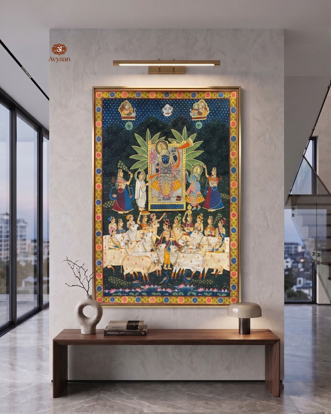 Sharad Purnima in Vrindavan in Pichwai Painting by Diwakar Sharma - 100% Authentic Heritage Art by Avyaan