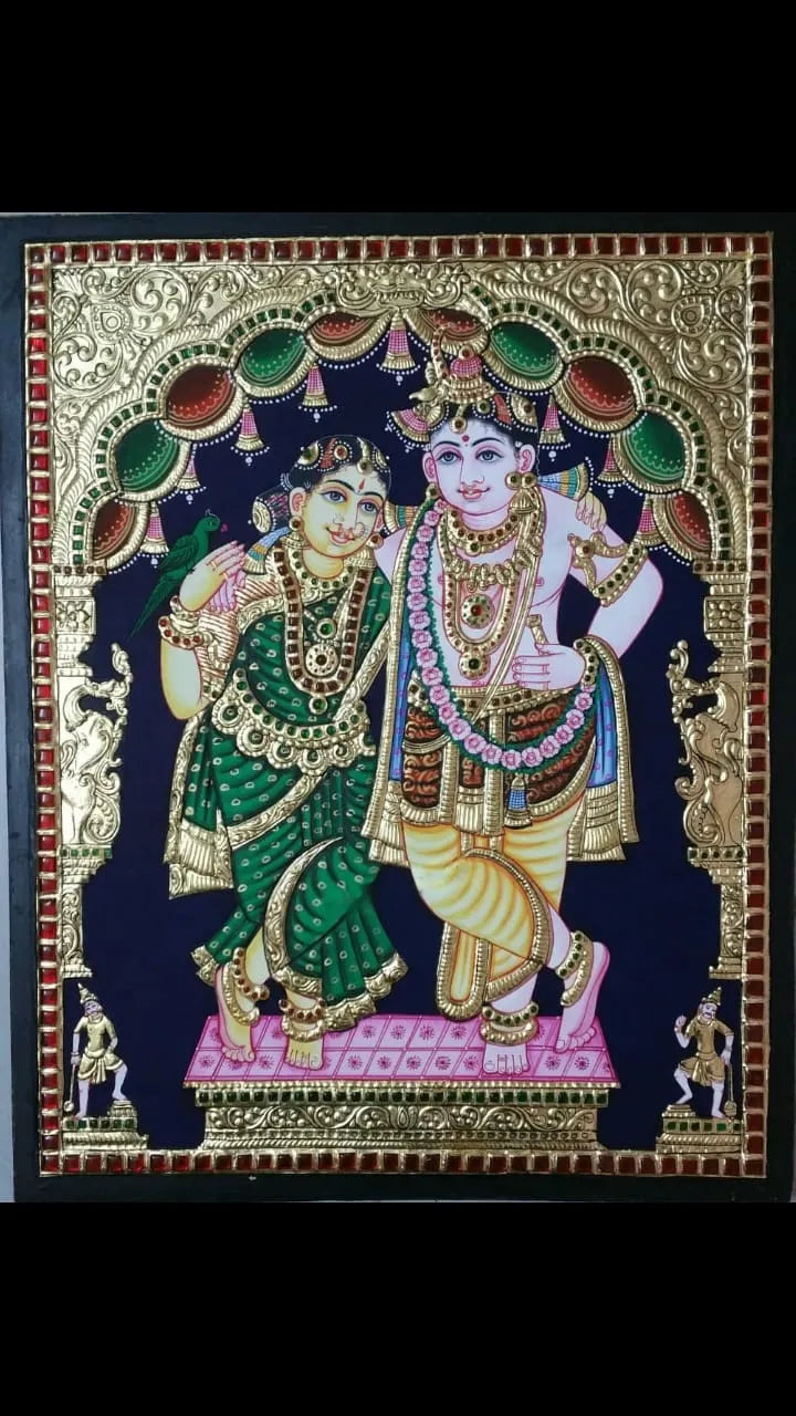 Divine Melody: Krishna & Rukmini in Tanjore Elegance